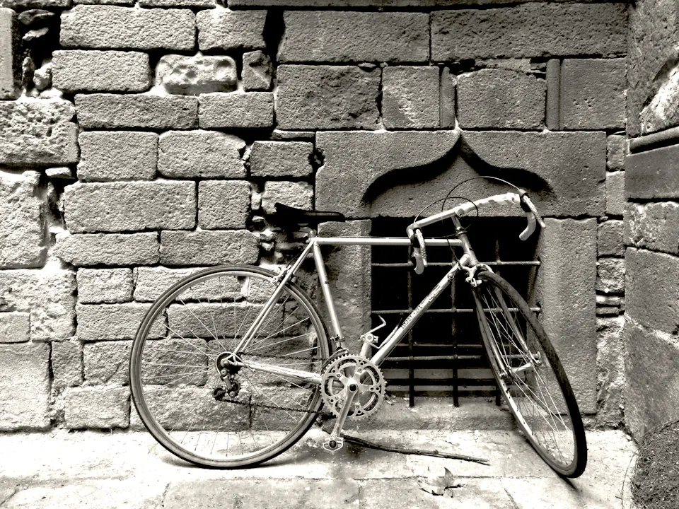 A bike leaning against an old stone wall under a carved arch