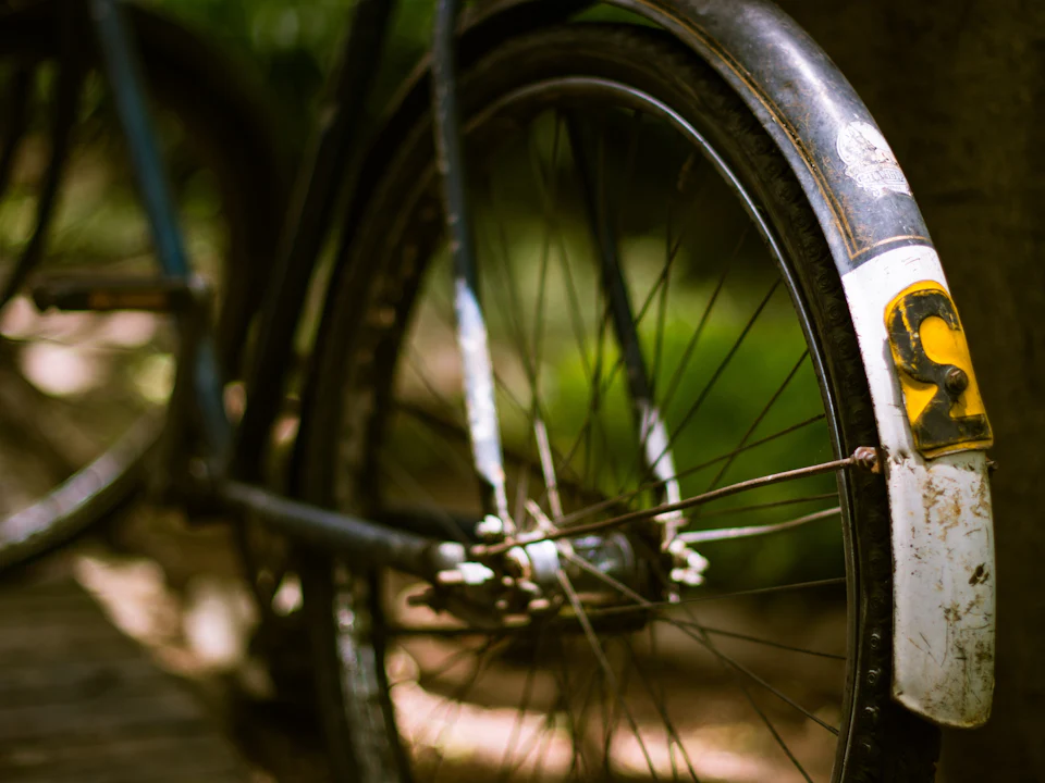 A close-up of a bike mudguard over the back wheel