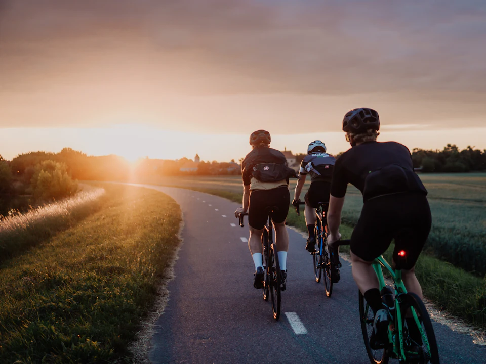 A small group of cyclists riding along a quiet road towards the rising sun