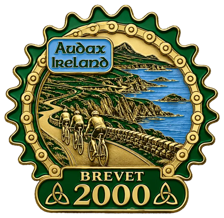An illustrated Brevet 2000 emblem, drawn for this site. Audax Ireland gives no medal for the award.