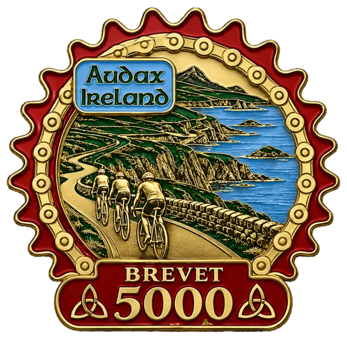 An illustrated Brevet 5000 emblem, drawn for this site. Audax Ireland gives no medal for the award.