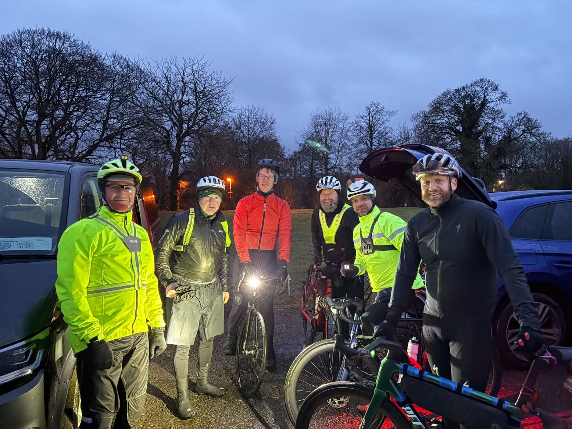 Group of riders at the start of the Birr 200 Audax at dawn