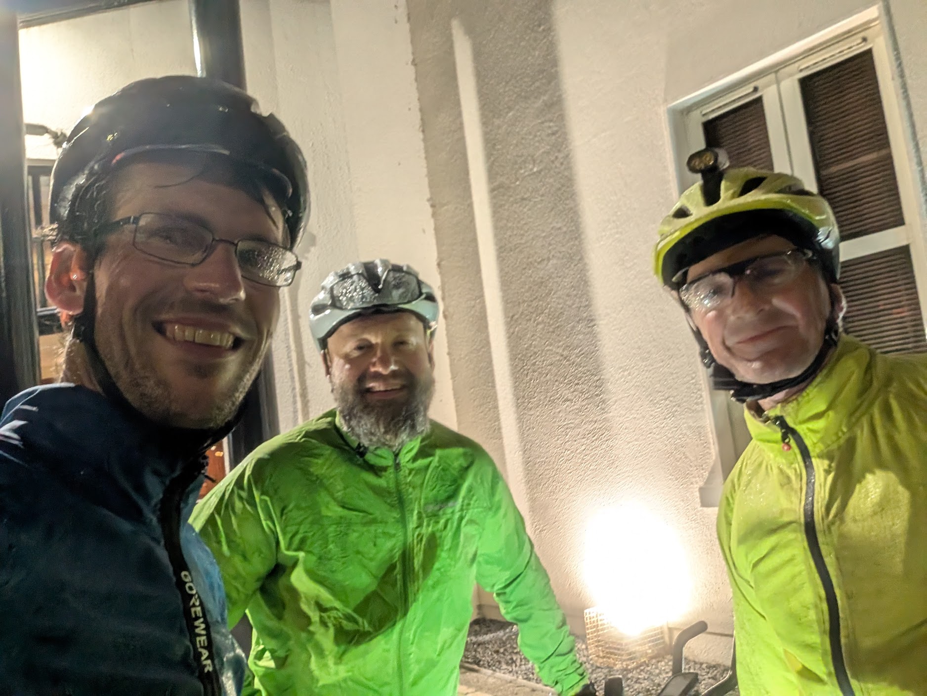 Peter with Seamus and Radek in Carrick-on-Shannon at midnight, 370 km into a 600 km Audax