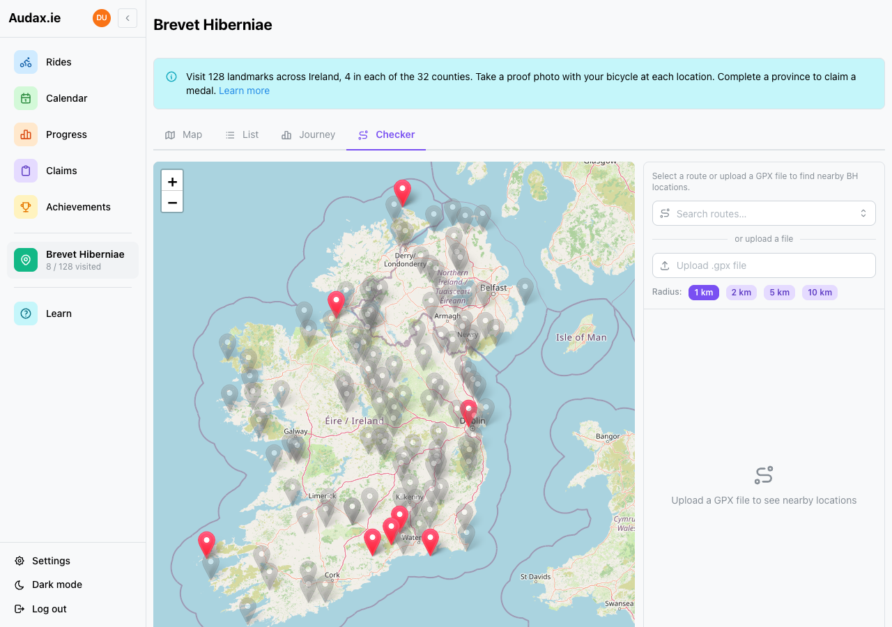 Brevet Hiberniae route checker highlighting nearby landmarks