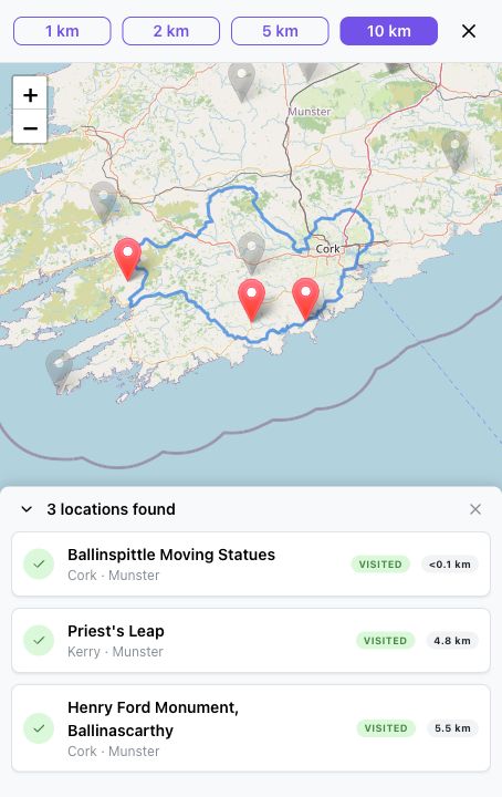 Brevet Hiberniae route checker map and nearby landmark results