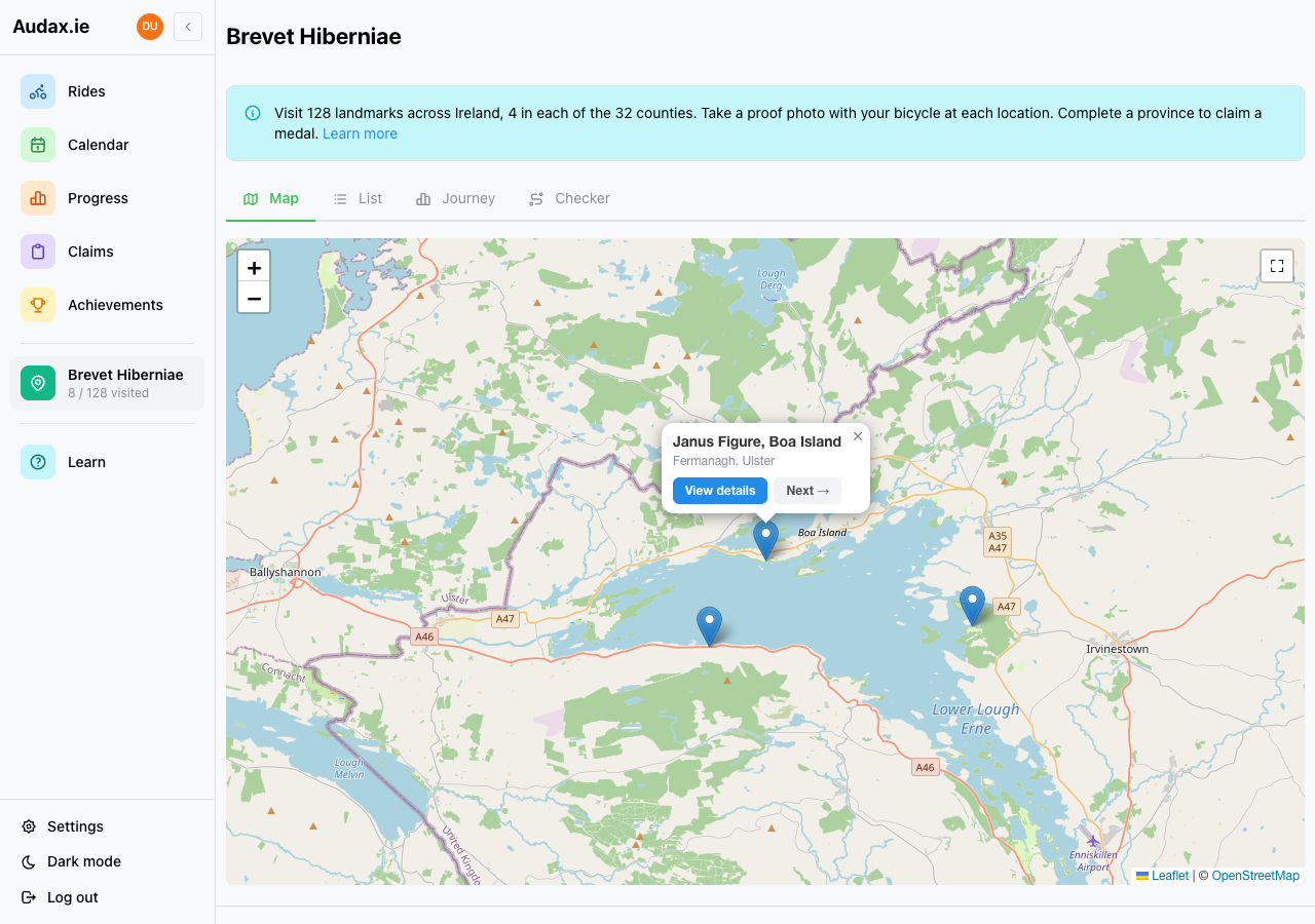 Brevet Hiberniae map showing landmark pins in Audax Tracker