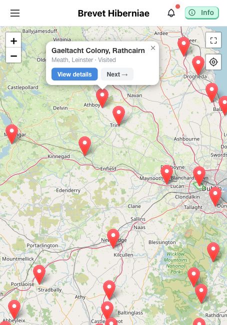 Brevet Hiberniae map with a selected landmark pin and its actions