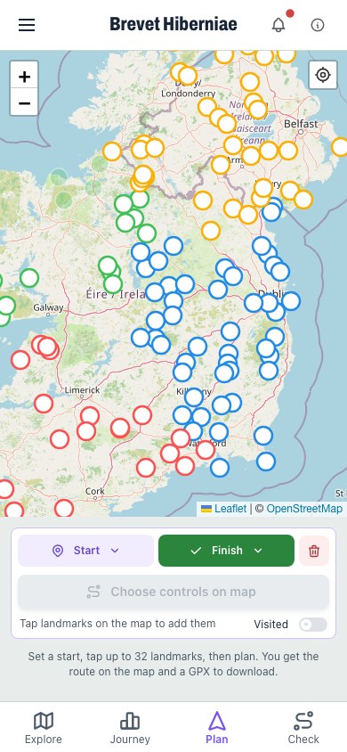 Brevet Hiberniae Plan view with map, start, finish, and landmark selection