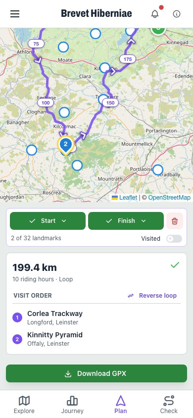 Calculated route plan with ordered controls and GPX download