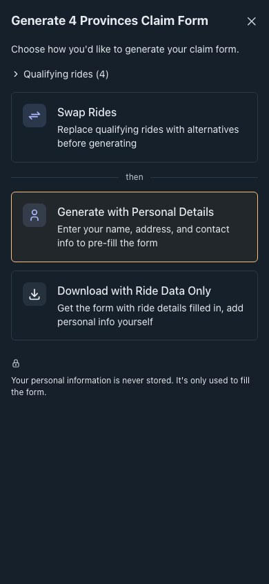 Generating a 4 Provinces claim form from its four qualifying rides