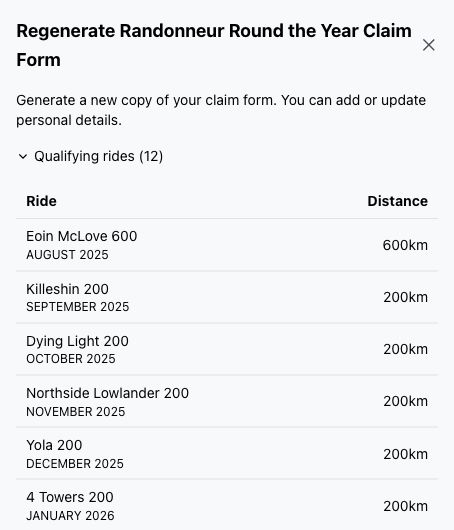 Expanded list of rides used in an award claim form