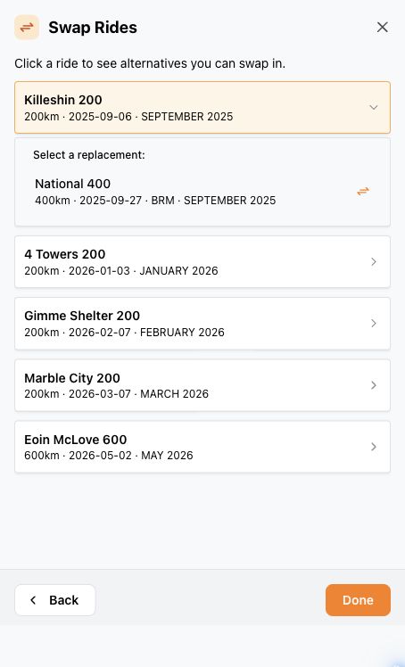 Swap Rides view showing alternatives for a qualifying ride