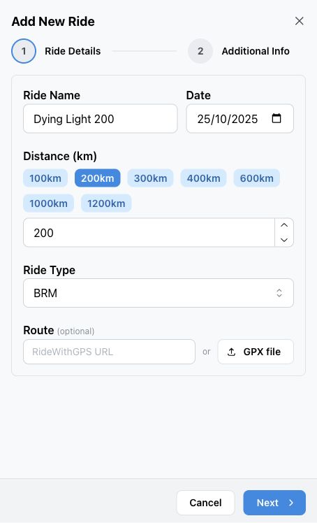 Completed first step of the Add Ride form with Ride Type selected and Next enabled