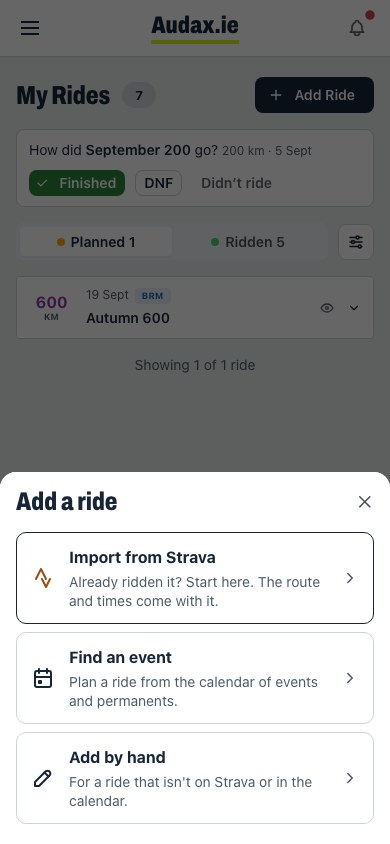 Add a ride chooser with Import from Strava as the first option