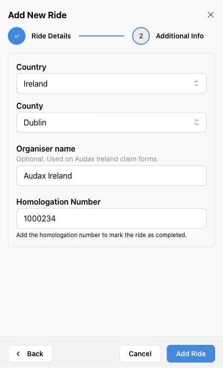 Additional Info step for a past non-permanent ride showing the Homologation Number field