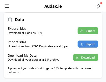 Data section in Settings with ride import and export actions