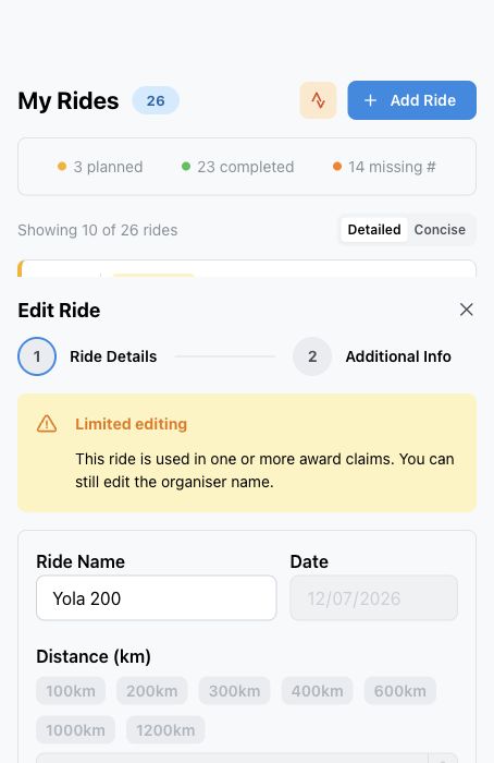 Desktop pencil control and mobile ride menu used to edit a ride