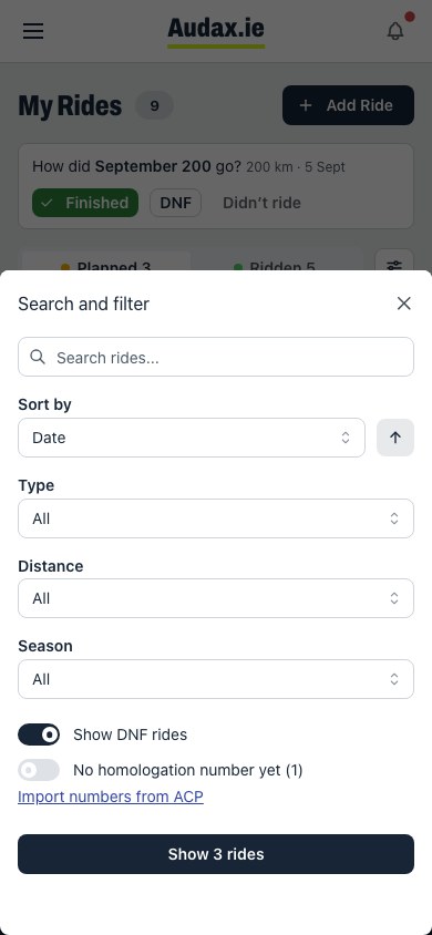 Ride search and filter controls
