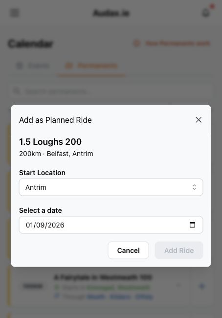 Date chooser shown after selecting a permanent route