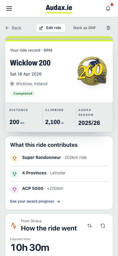 Ride detail page showing the ride summary and linked Strava statistics