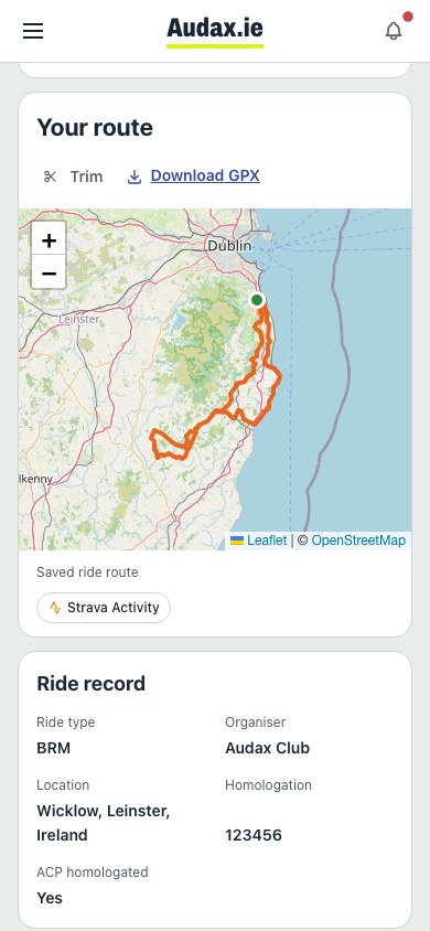 Ride detail page scrolled to the loaded route map