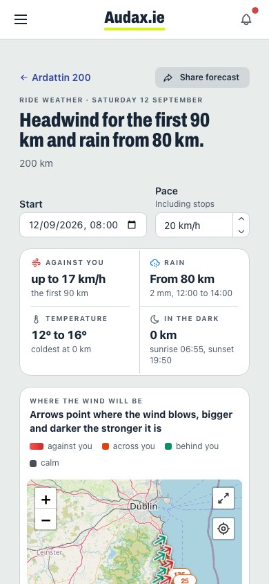 Route weather with start time, pace and forecast summary