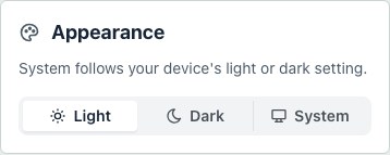 Appearance settings with Light, Dark, and System options