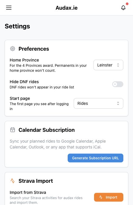 Settings page showing province configuration