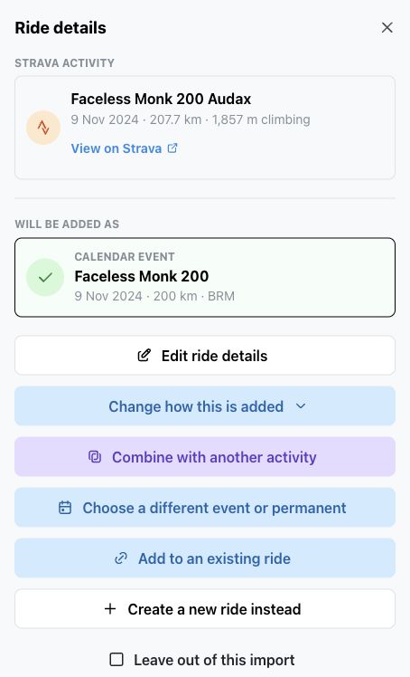 Ride details with the Change how this is added actions expanded