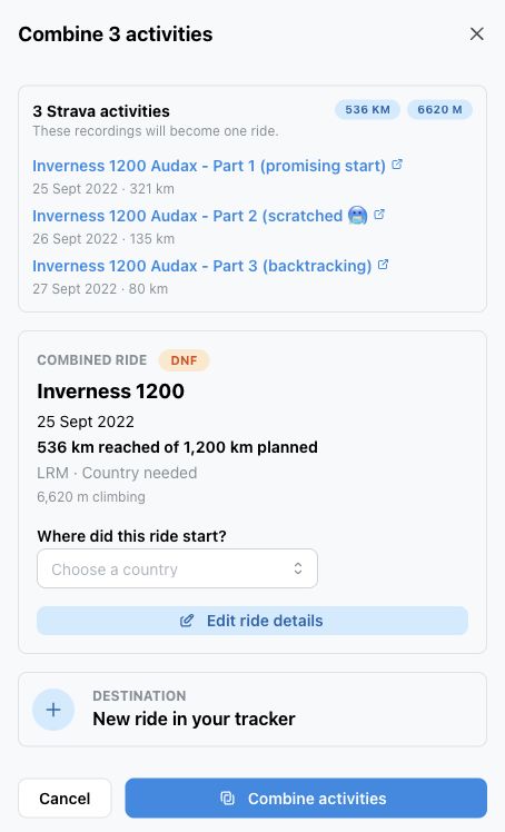 Combine activities review showing three Strava recordings and one proposed tracker ride