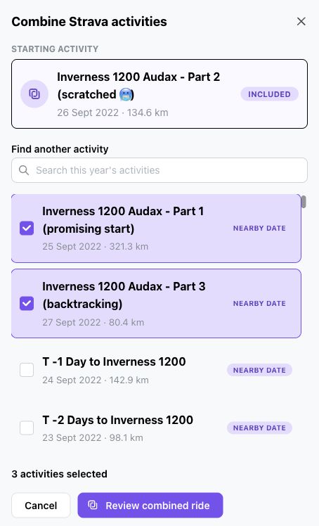 Combine Strava activities screen with three related recordings selected