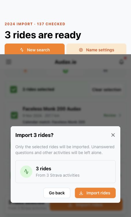 Complete Strava Import confirmation with selected counts and import actions