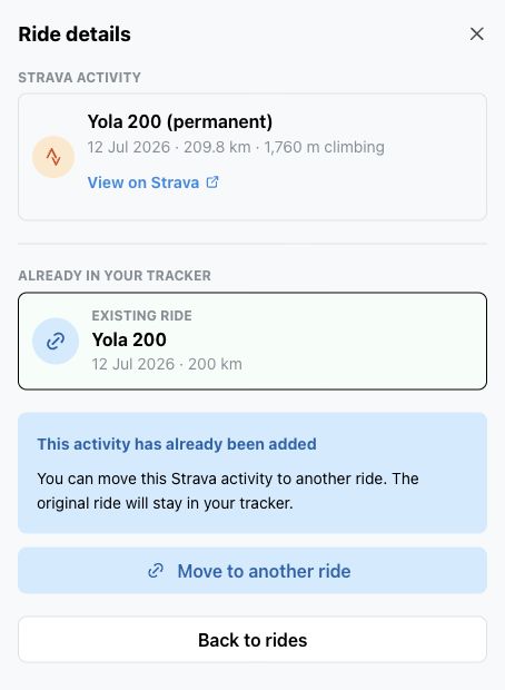 An already imported Strava activity with the option to move it to another tracker ride