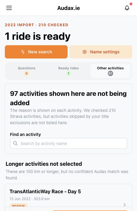 Other activities list showing why each Strava activity is not selected