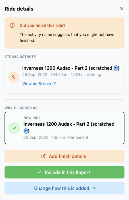 A Strava Import question asking the rider to confirm finish details