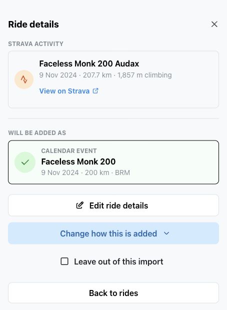 Ready ride details showing the Strava activity and the calendar event it will become