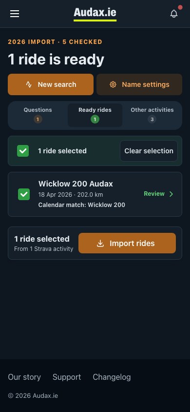 A Strava import with a Wicklow 200 activity matched to its calendar event, ready to import