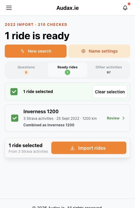 Strava Import results with Questions, Ready rides, and Other activities tabs