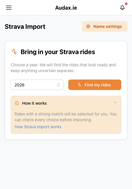 Strava Import start screen with a year selector and Find my rides button