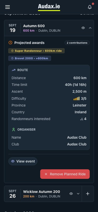 A planned Autumn 600 showing it would count towards Super Randonneur and Brevet 2000
