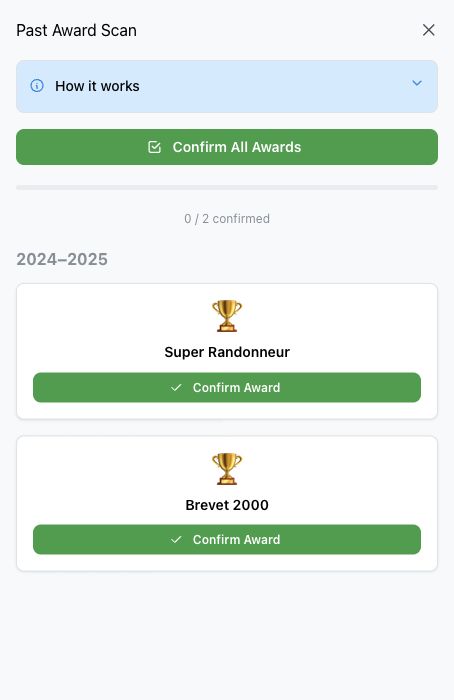 Past Award Scan showing earlier seasons and detected awards