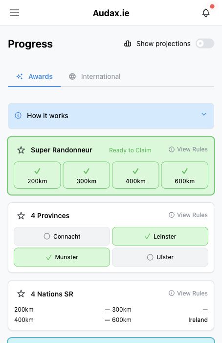 Progress page showing award cards