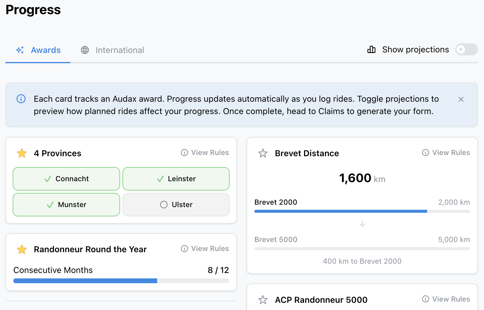 Audax.ie showing progress towards several cycling awards